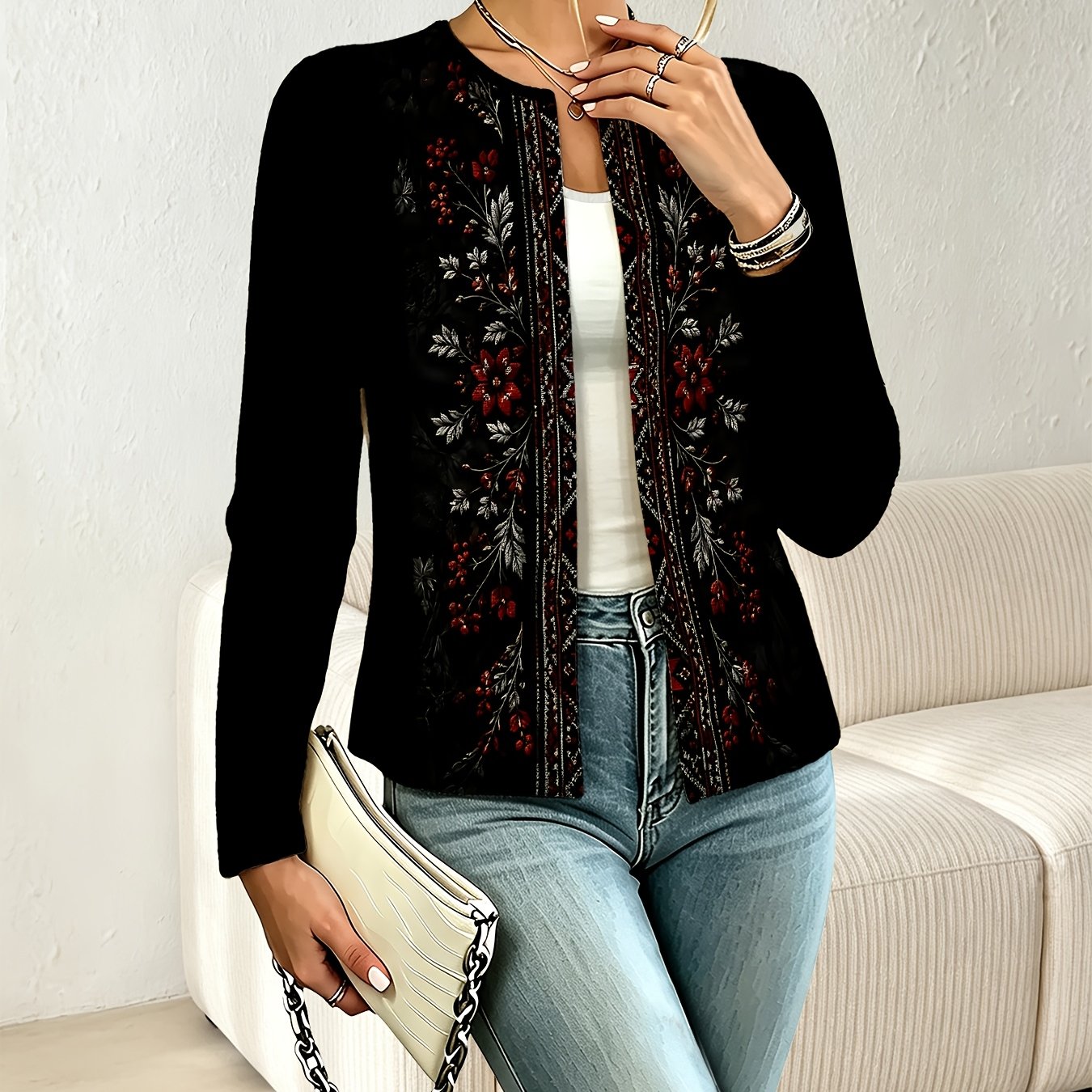 TEMU Women' Size Long Sleeve Printed Jacket, Vintage Floral