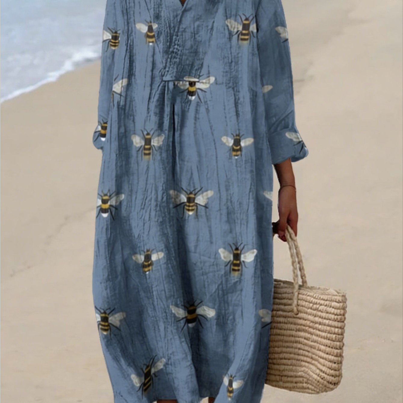 Image of Plus Size - Plus Size - Plus Size Women's Medium And Long Retro Print Dress, Summer Loose V-neck Long-sleeved Dress