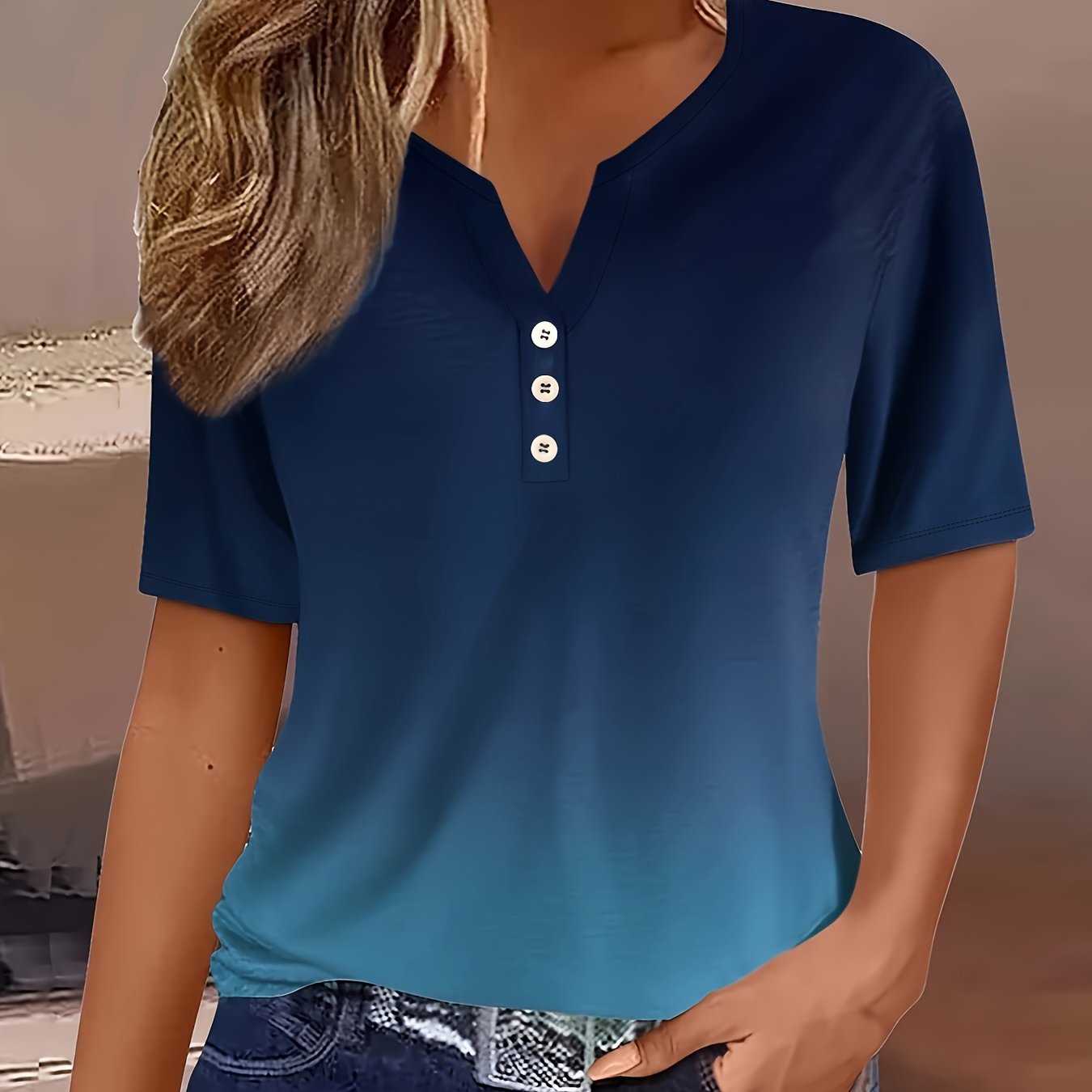 Women's Holiday Top Stylish V-neck Vintage Short-sleeved Shirt Casual Loose And Comfortable Waist Top