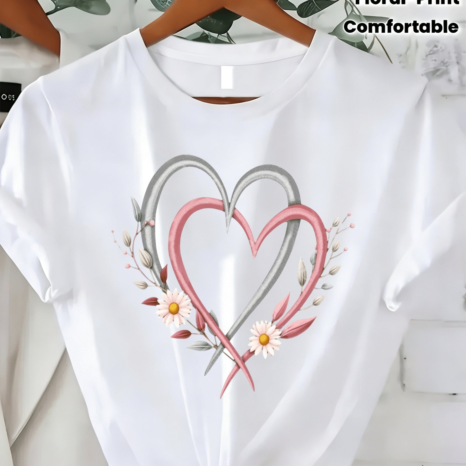 TEMU Women's T-shirt, Pink Floral And Heart Pattern| Loose Fit, Round Neck, Slightly Stretchy, Retro Style, Suitable For , Casual Top, Perfect For