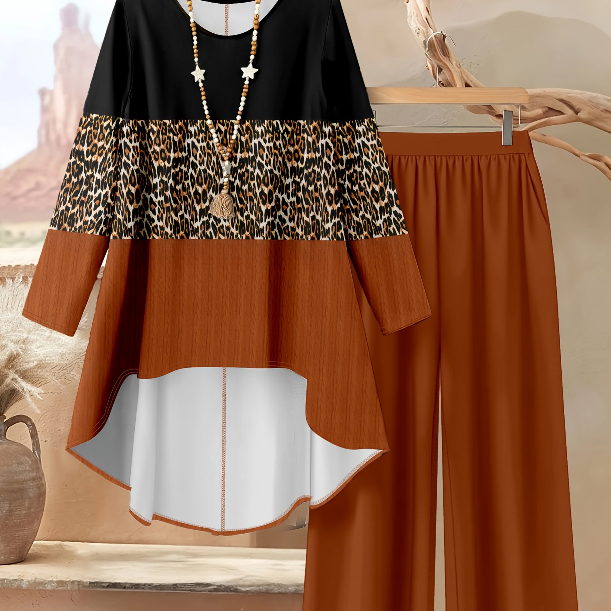 TEMU Women's Fashion Two-piece Set, Leopard Print 3-color Irregular Hem Top And Solid Color Long Pants Set