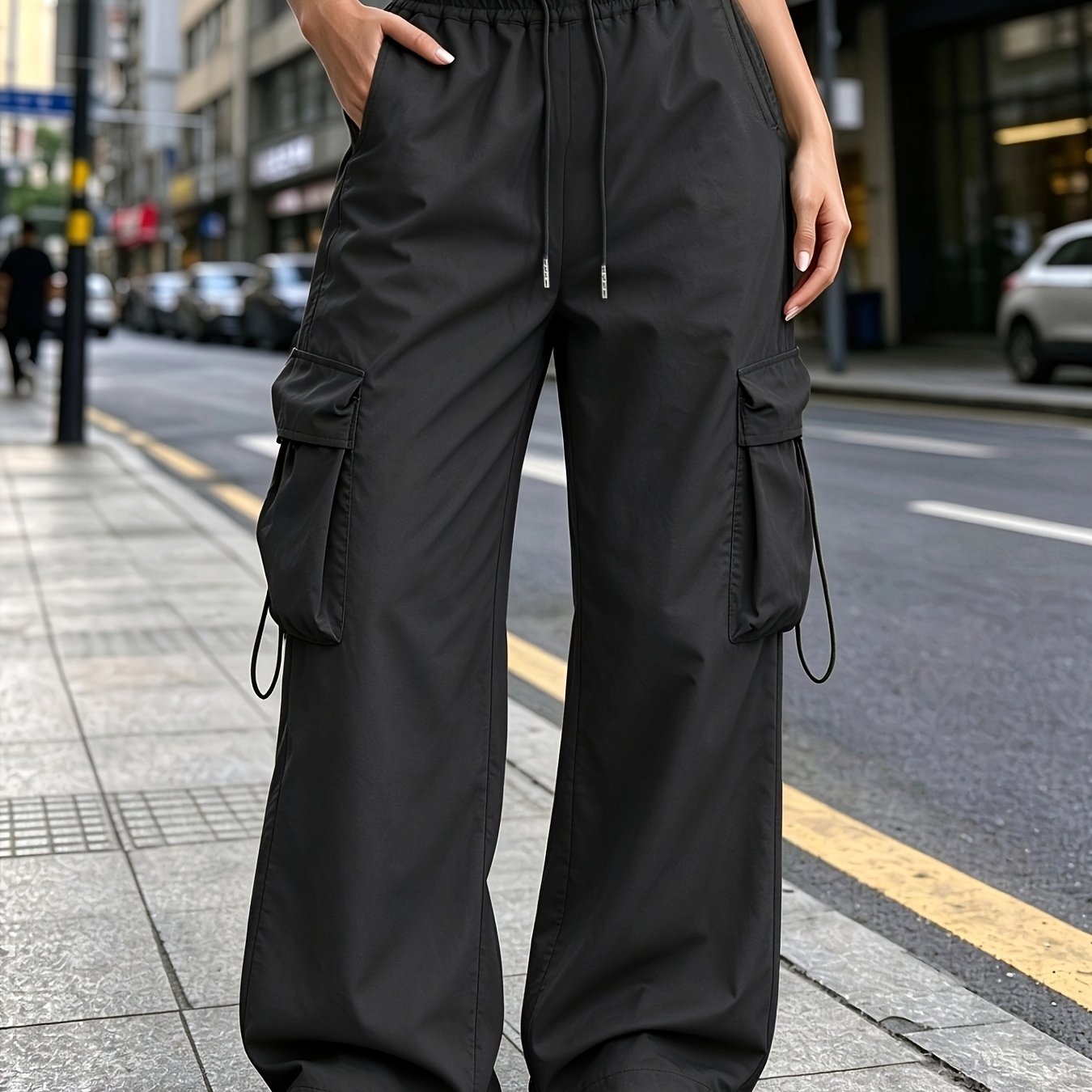 TEMU New Cargo Pants, Women's, Multi-pocket, Adult Women's Waist Drawstring, Wide-leg Comfortable Sports Straight-leg Long Trousers, Versatile Casual