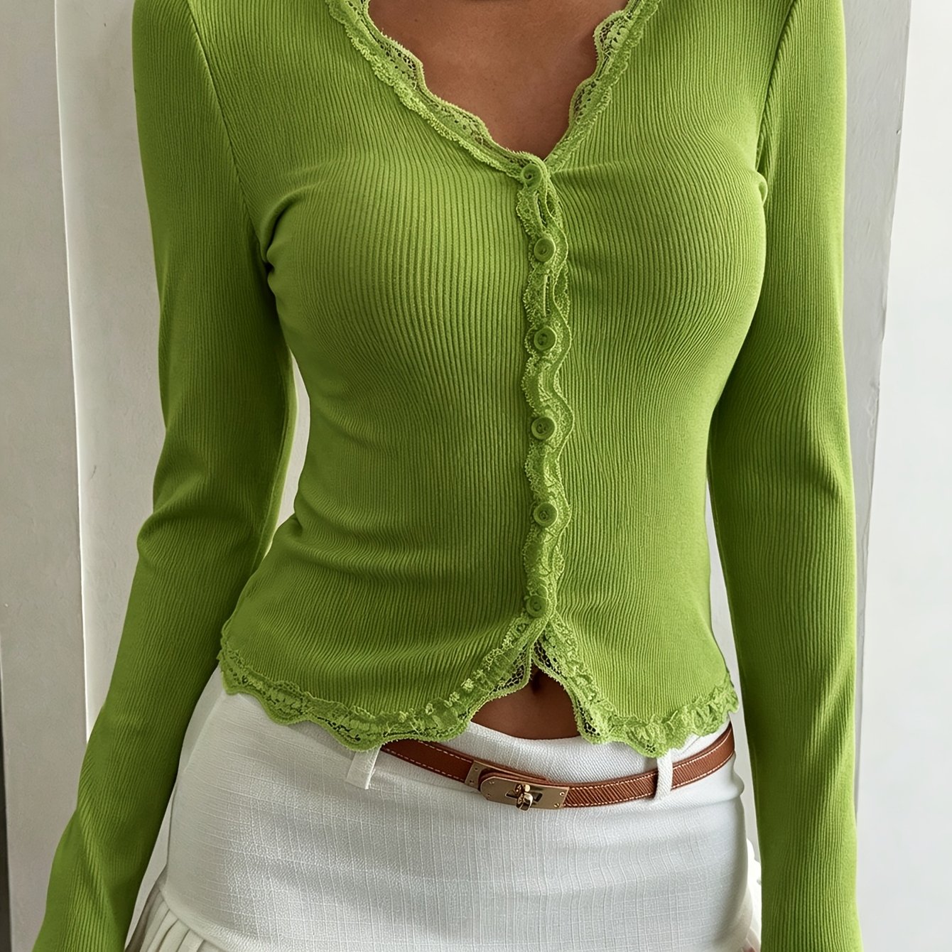TEMU Women's Lace Slim Fit Cardigan Long Sleeve Solid Color Top, New Women's Comfortable Lace Button-up Long Sleeve Top