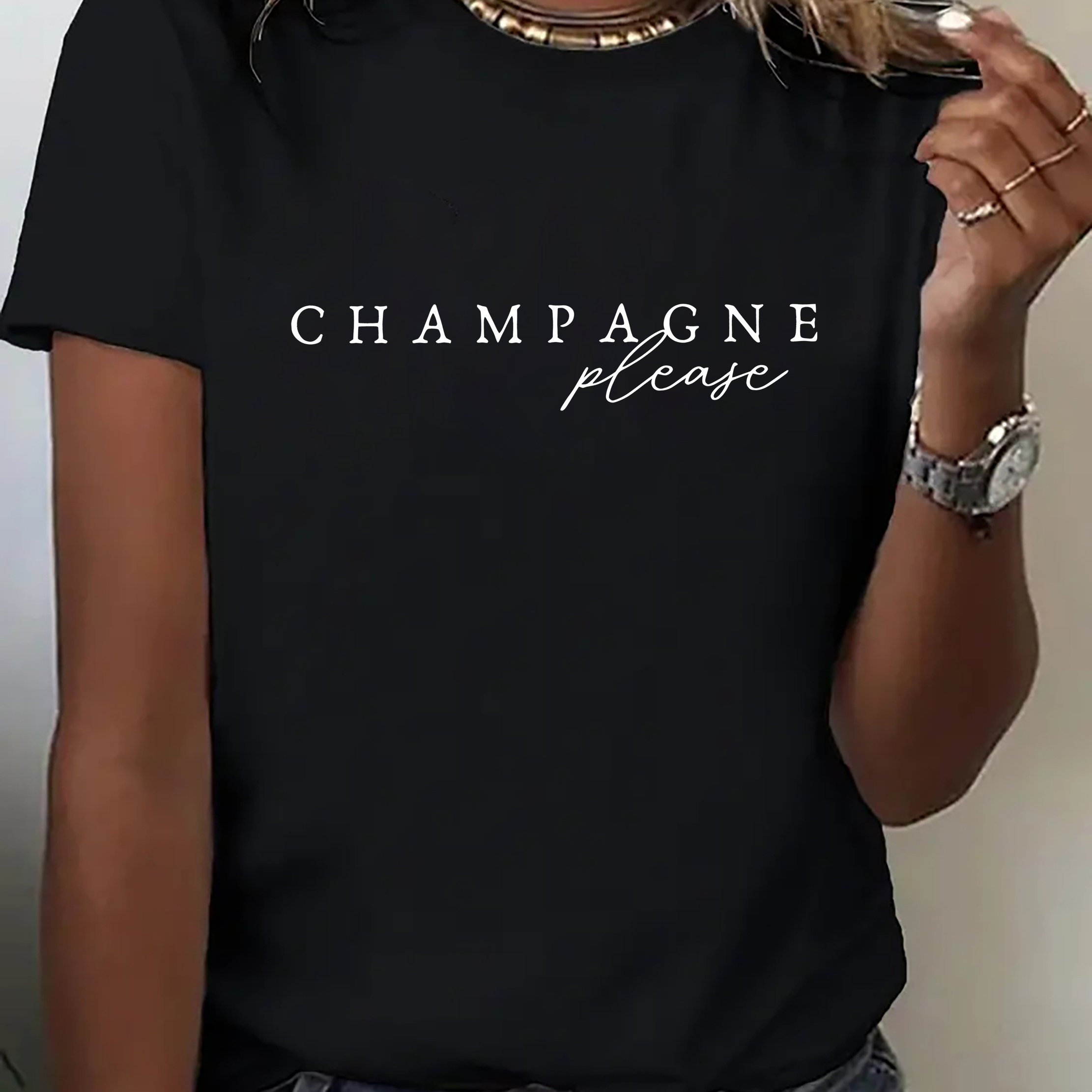 TEMU Women's Fashion Sporty Cartoon Champagne Letter Print Heat Transfer Round Neck Short Sleeve T-shirt Sports Shirt