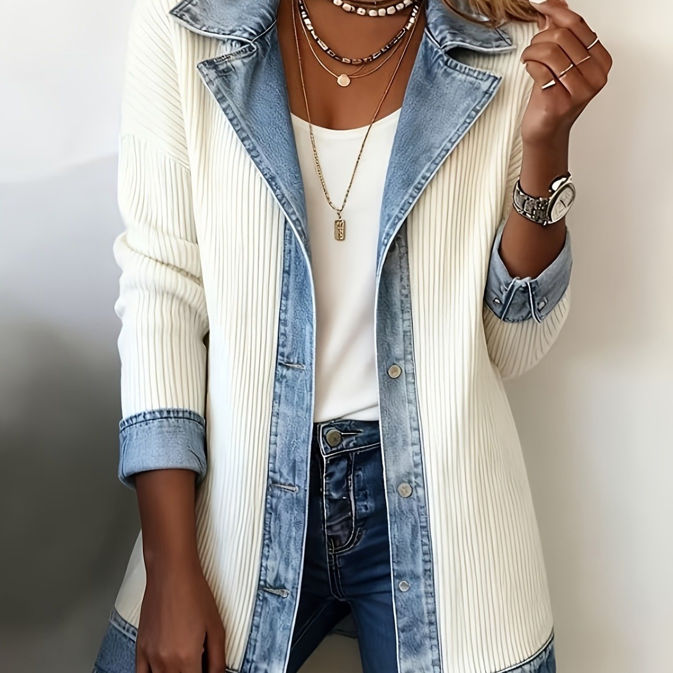 item picture womens casual   length spliced denim coat with long sleeves ideal for spring and autumn loose lapel open front top