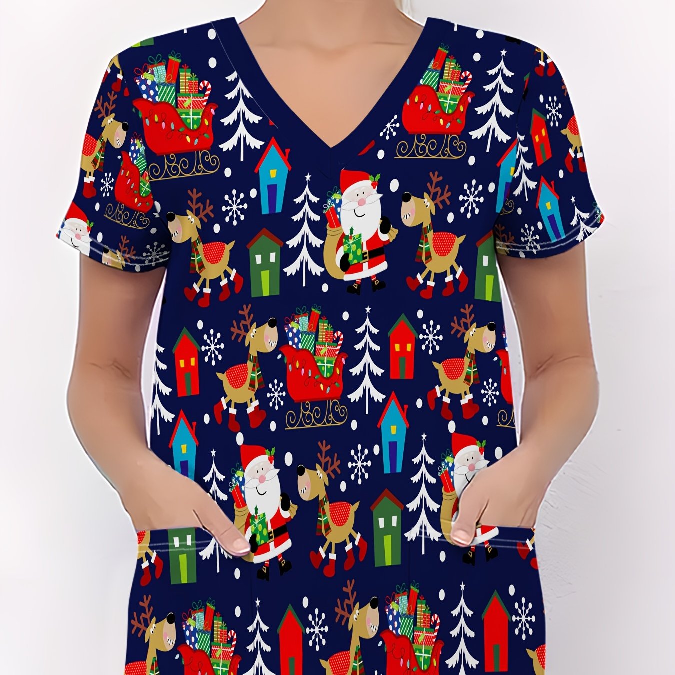 TEMU Christmas Women's Nurse Uniform With Christmas-themed Patterns: Santa Claus, Reindeer, Gifts, Cabin, And Snowflakes. Printed T-shirt, Christmas