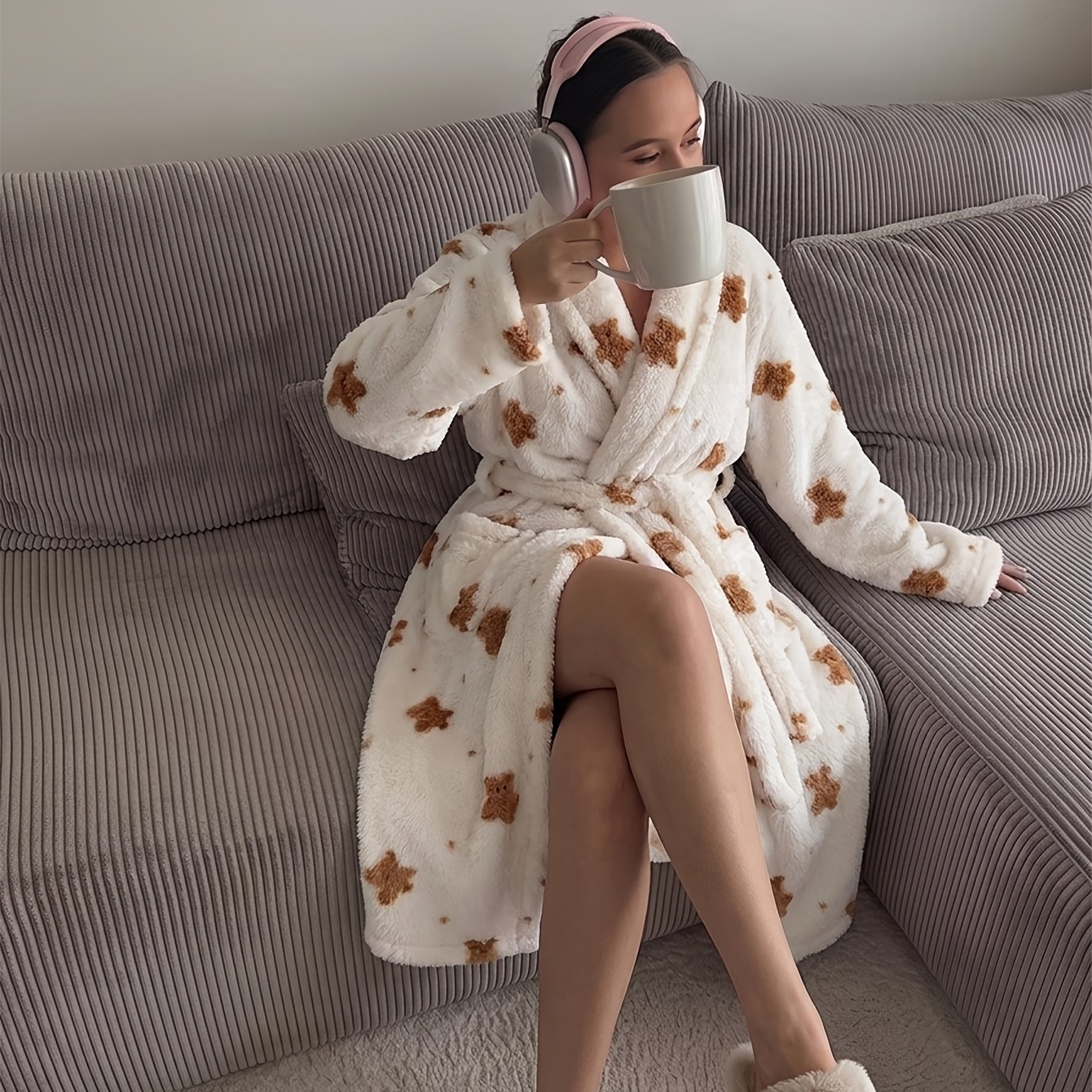 TEMU Autumn Winter Bathrobe, Thickened Enlarged Fleece Warm Winter Robe, Loose Fit Cute Bear Housecoat