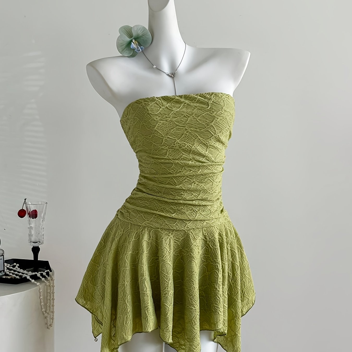 TEMU Y2k Asymmetrical Length Pleated Fabric Strapless Dress | Solid Color, Perfect For Summer, Ideal For Adults
