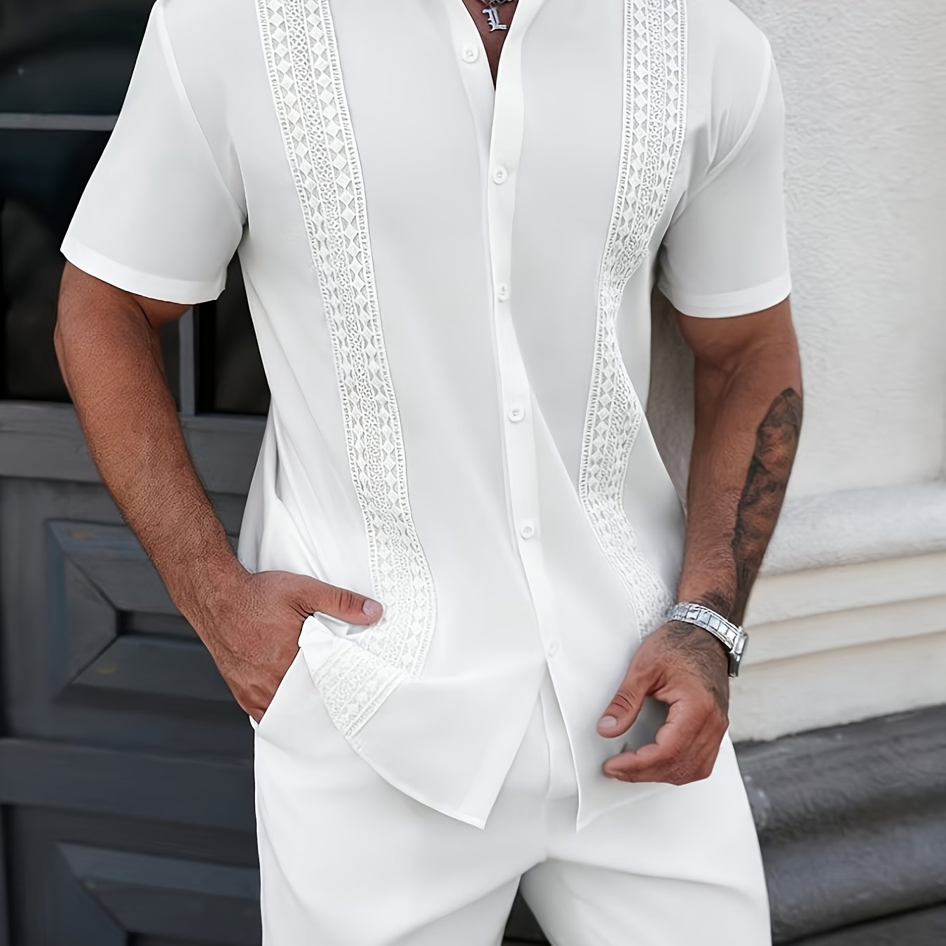 TEMU Chemise décontractée d'été pour homme, , de couleur unie, à dentelle et à un boutonnage, cadeau pour homme