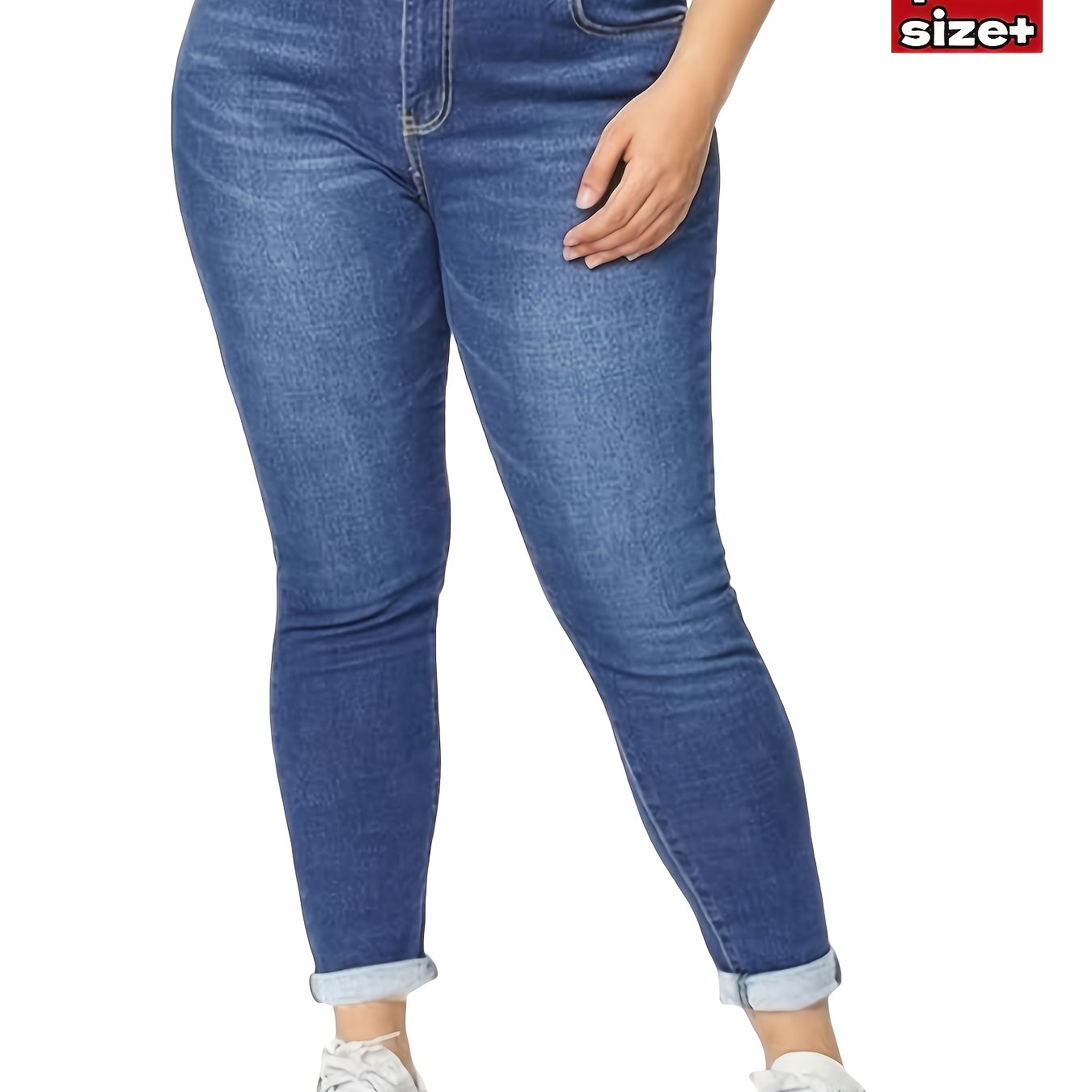 Large-size Stretch And Women's Jeans, Vintage Washed Blue Stretch And Slim-legged Jeans With A Fitted Shape, No Design, Classic And Retro Style, Casual And Daily Wear, Spring Fashion Item, Solid