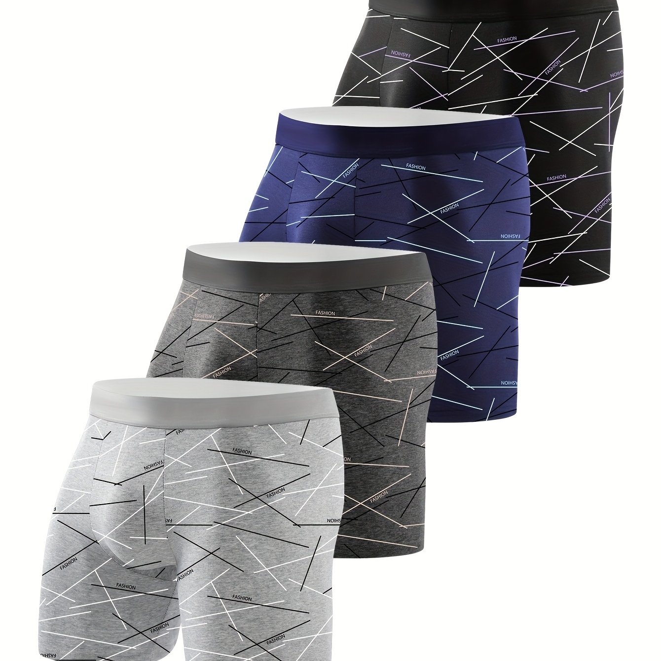 E-shop 4er-Pack Herrenunterwäsche, Boxershorts mit Linienmuster, langer Schnitt, atmungsaktiv hautfreundlich, für Sport Fitness, modische