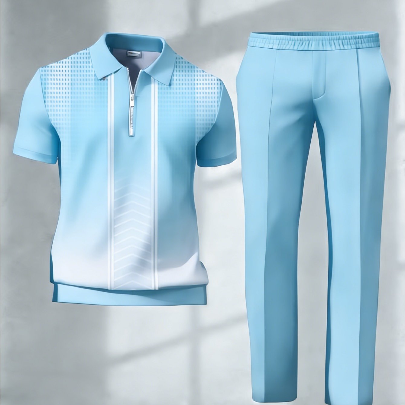 Image of Casual Two-piece Set For Men Featuring A Short-sleeve Quarter-zip And Straight-leg Trousers, Designed With A Gradient , Made From Polyester, Ideal For Everyday Wear And Sports, In Plus Sizes