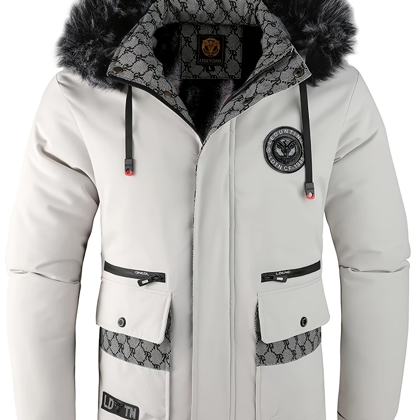 TEMU The [ Obm] Men's Hooded Jacket Features A Warm Fleece For A Cozy Experience, With A Metal Badge A . It Includes Multiple Zippered Pockets And