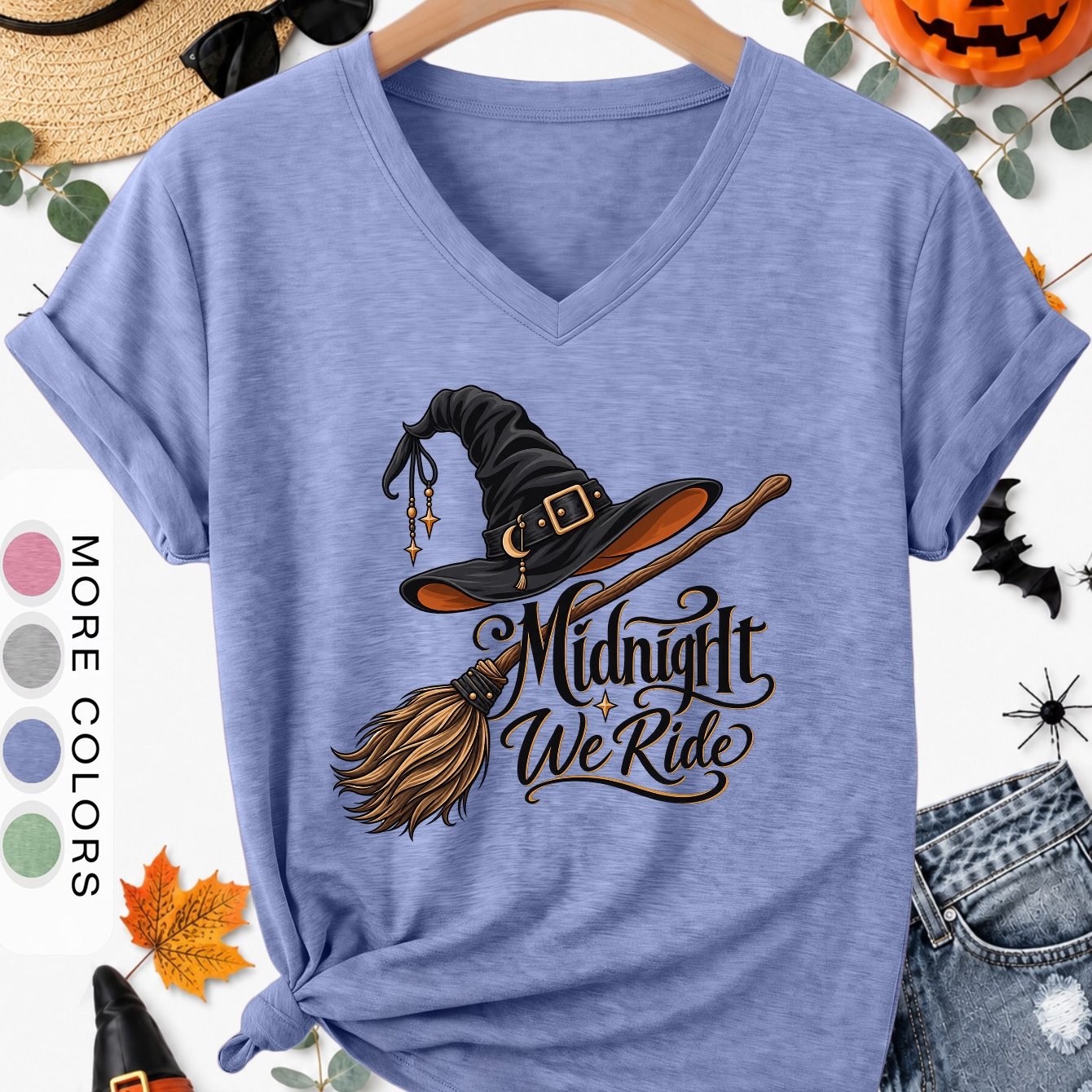 TEMU Plus Size - [halloween] Plus Size Women's Fashion V-neck Witchy Mystical Style Wizard Hat Broom Print T-shirt, Loose Casual Fit, And Coverage,