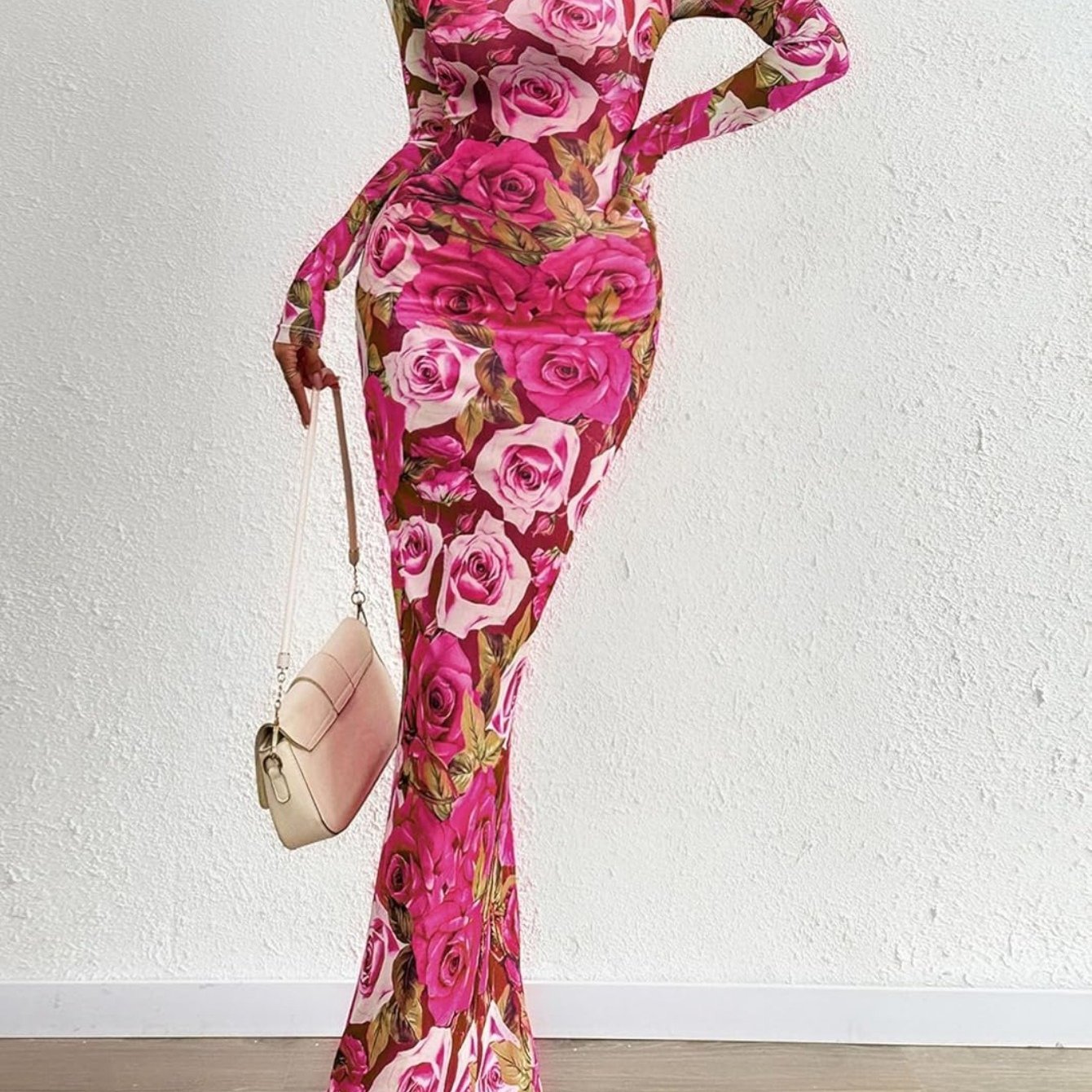Image of Women's Four-season Magenta Rose Print Bodycon Mermaid Dress | Long Sleeve Bodycon Design, Showcasing Sexy Romantic Vibe, Ideal For And Parties