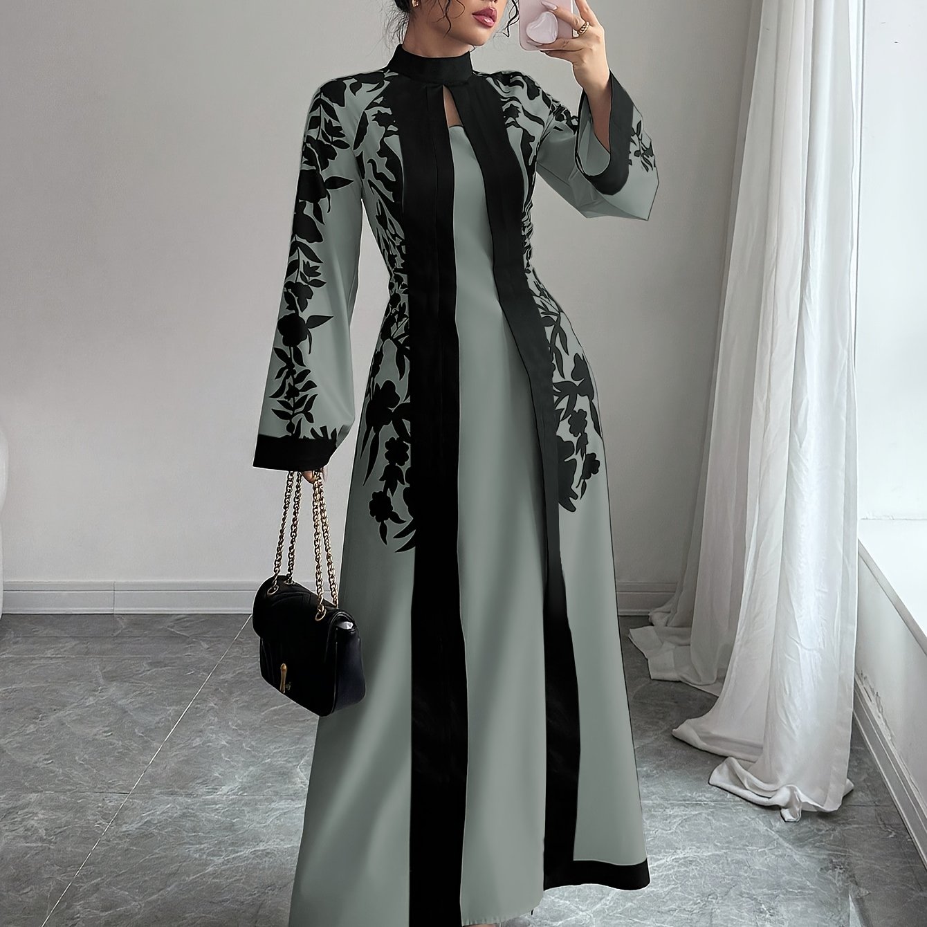 Image of Fashionable Elegant Faux Two-piece Fall/winter New Floral Print Long Sleeve Maxi Dress