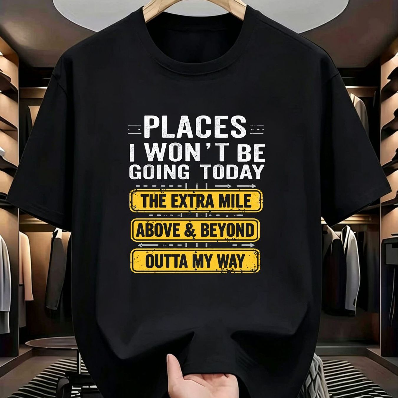 TEMU Men' Short Sleeve T-shirt, Round Neck Design, Front Print "places 't Be Going Today" And 3 Yellow Banner Patterns, Soft Breathable Fabric, Loose