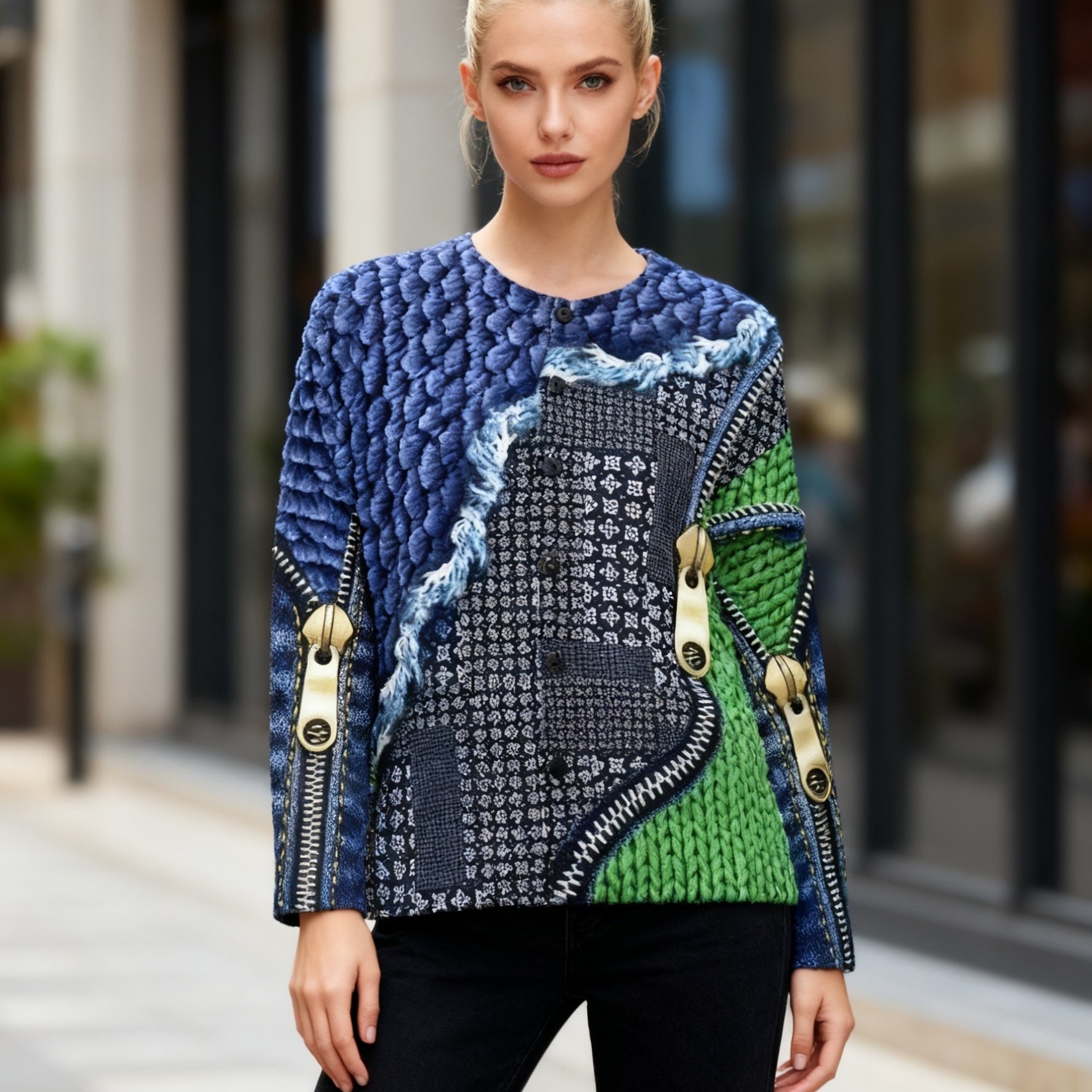 Women's Fashion, , Trendy, 3d Print, Zipper, Denim Effect, Graphic Print, Printed Cardigan, Style