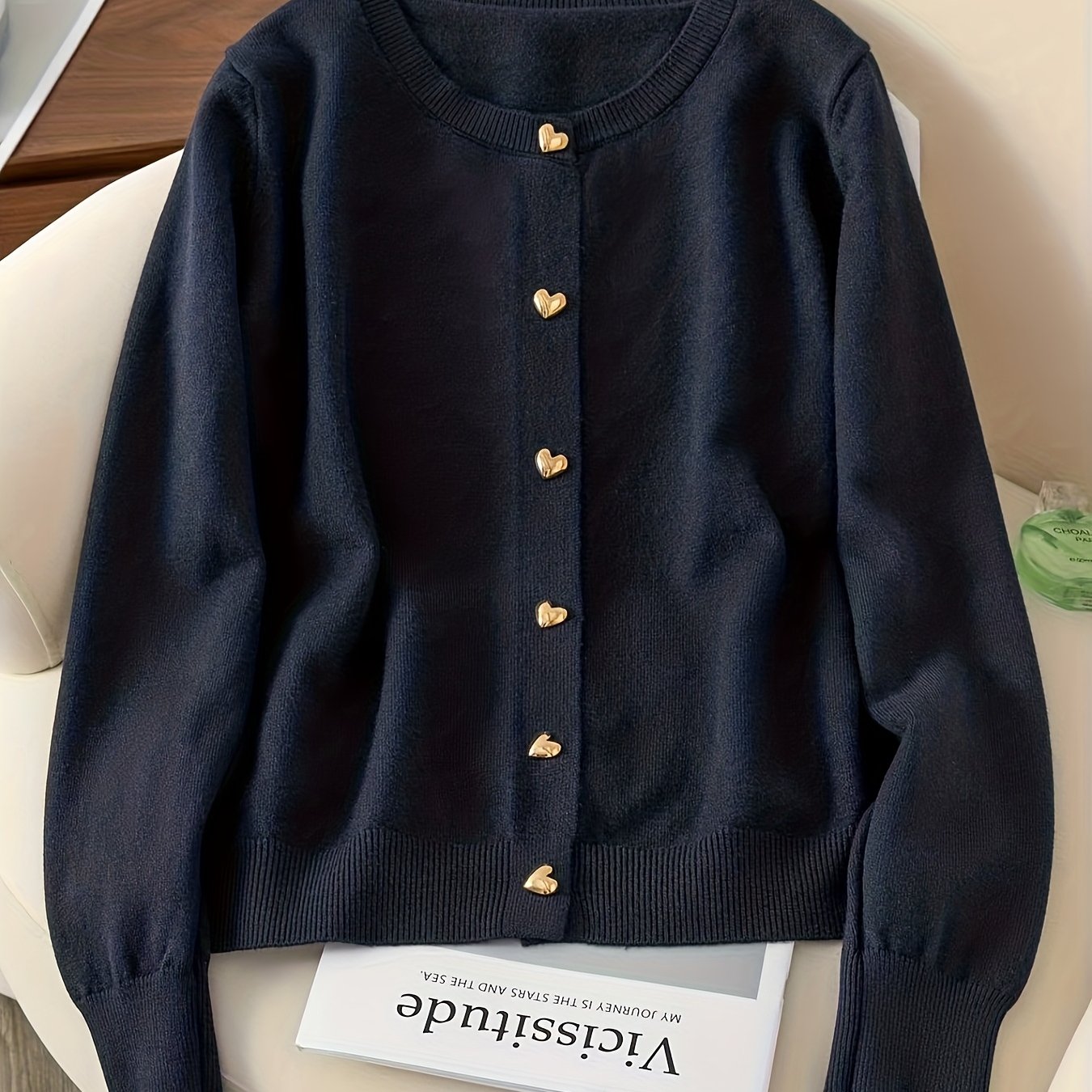 TEMU Blue Heart Button Crew Neck Cardigan
