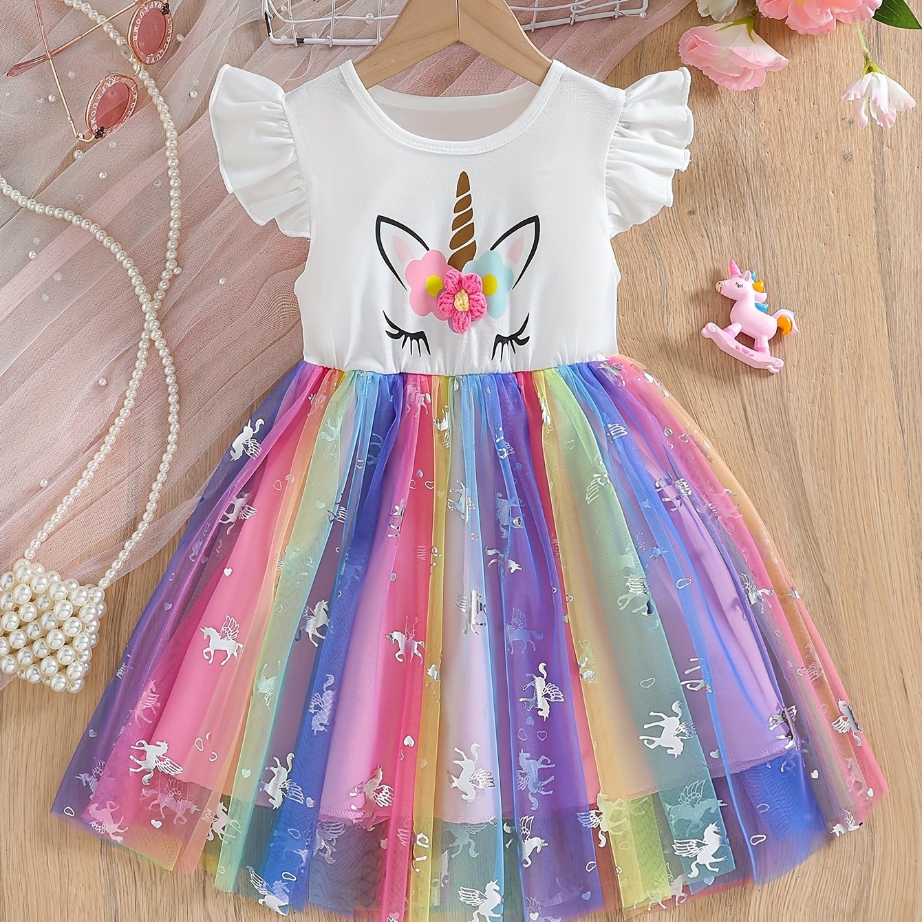 A Sweet And Comfortable Holiday Casual Dress With Cartoon Unicorn Sleeves, Perfect For Girls' Summer Outfits And Gifts