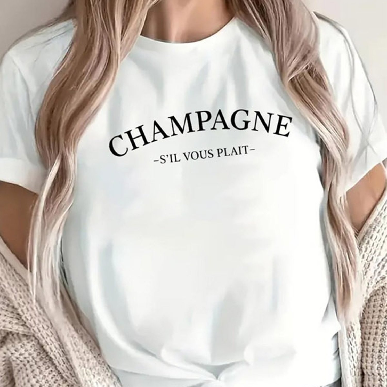 TEMU Women' "champagne - -" Letter T-shirt, Short Sleeve, Front Tie Design, Multiple Specifications , Comfortable Everyday Top For Daily Casual And