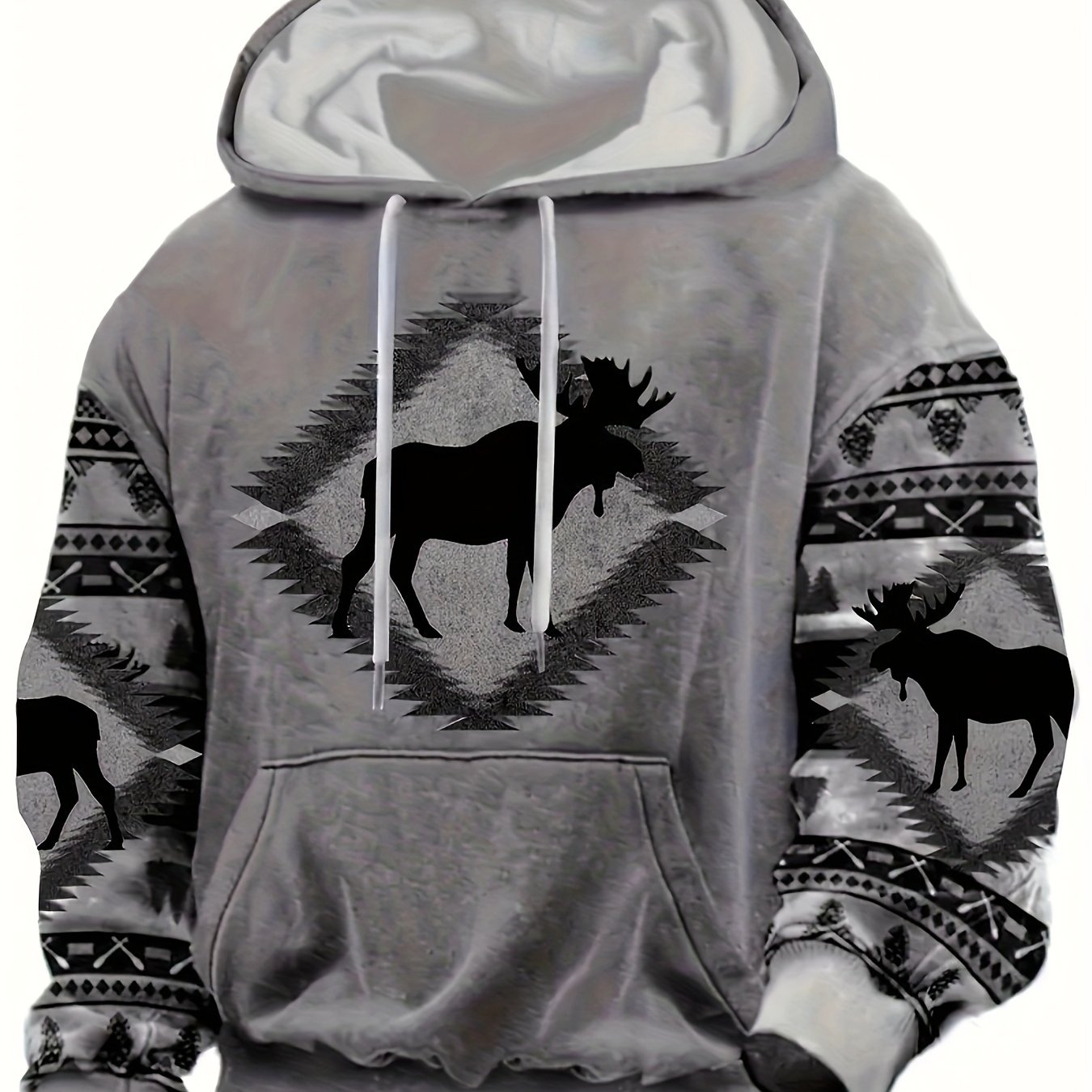 TEMU Plus Size Men's Vintage Moose Pattern Hoodie With Pockets, Gray Fashion Casual Long Sleeve Sweatshirt, Design, Perfect For Winter And Fall