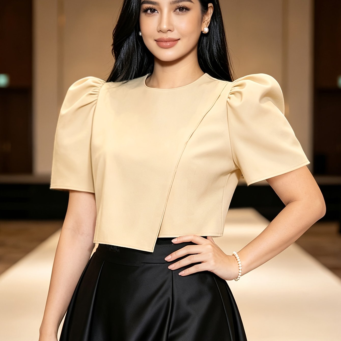 TEMU Terno, Sleeve Terno, Modern Tops, Puff Sleeves, Elegant And Simple Solid Color Round Neck Asymmetrical , Elegant And Casual, Traditional Wear,