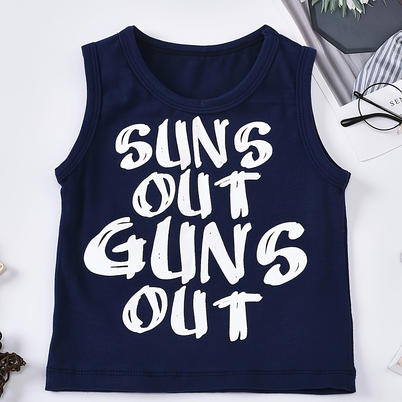 Gl2033 Boys' Sleeveless Tank Top With "suns Out " Letter Print - Navy Blue Casual Loose Fit Round Neck Summer Shirt For Kids, Hand Wash/