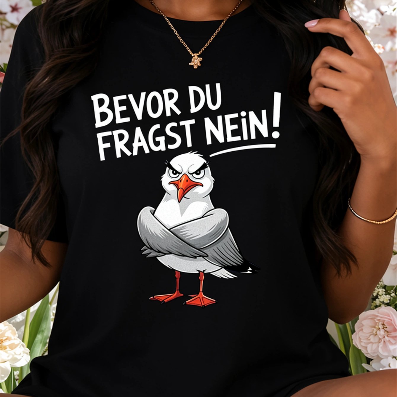 Image of Ladies Short T-shirt, German "before You Ask No!" With Angry Seagull Cartoon Pattern, Loose And Fitted, Soft, Skin-friendly And Breathable, Suitable For Multiple Such As Daily Commuting, Casual
