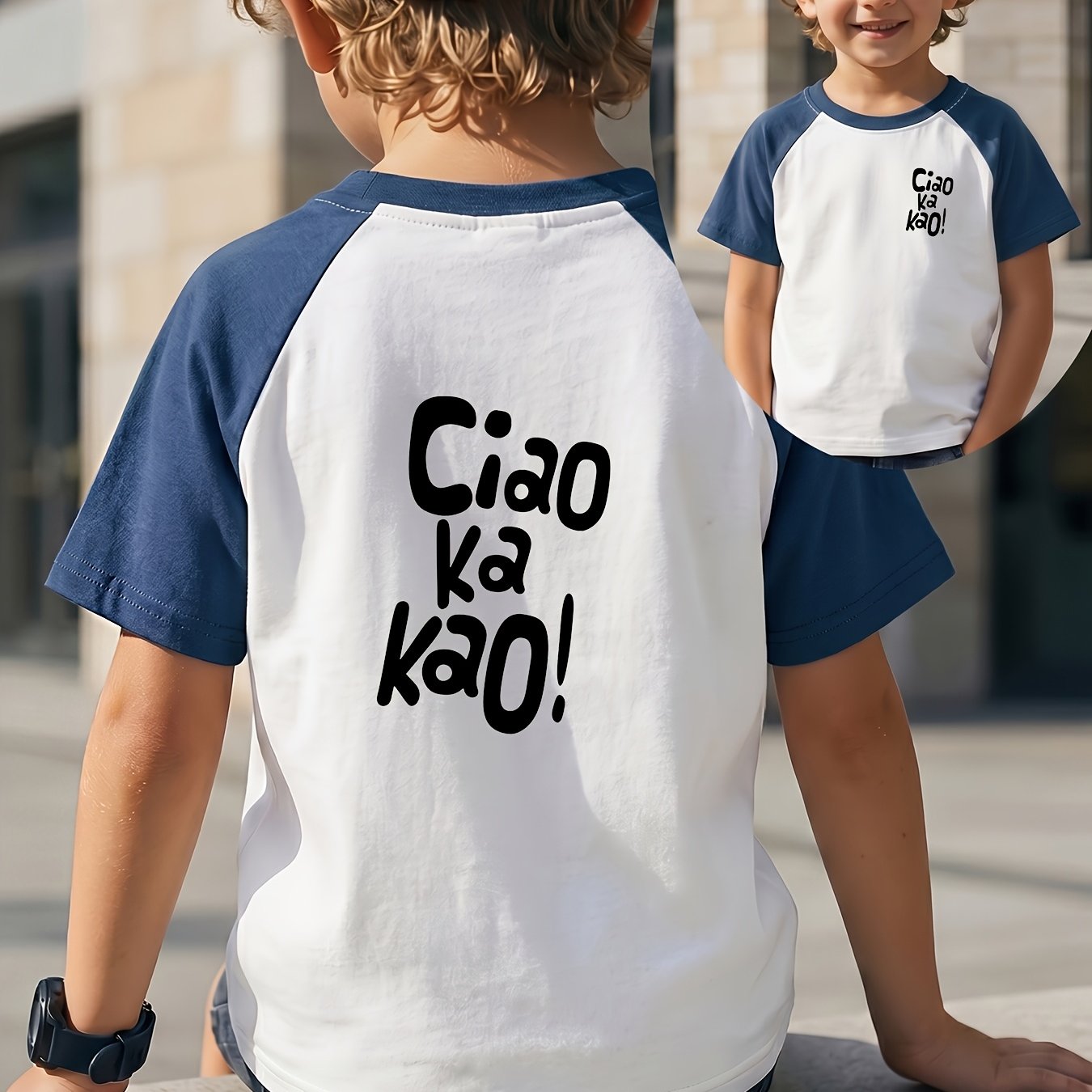 Boys' Pure Cotton Casual Short-sleeve T-shirt, Ka Kao Handwritten Style Letters, Black And White Minimalist Fashion, Comfortable Spring/summer Crew Neck Top, Or Birthday Gift