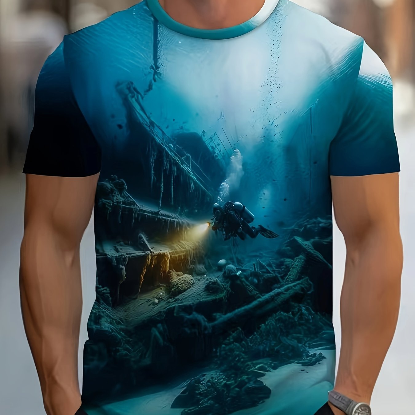 TEMU Men's Full-body Underwater Explorer T-shirt - Nautical Diver & Sunken Ship Print, Lightweight Polyester Short Sleeve Round Neck Suitable For
