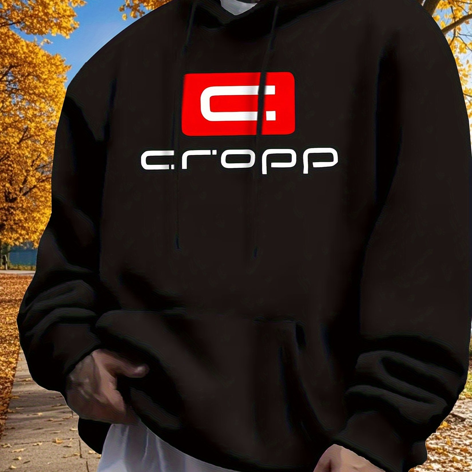 Men's Oversized Hooded Sweatshirt With Red 'c' Logo Print | Black Retro Knit Pullover Hoodie, , Machine Washable, Casual Wear & Layering Essential For 18-40 Year Olds