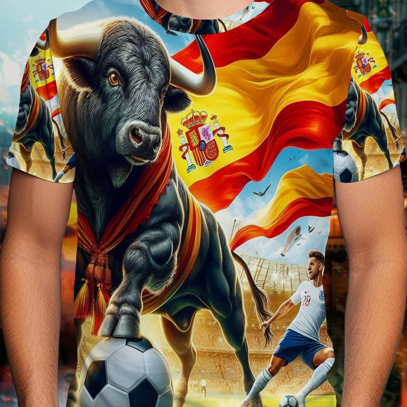 TEMU Camiseta de poliéster para hombre, camiseta gráfica llamativa con español y de fútbol, estampado de de España, top casual transpirable para del