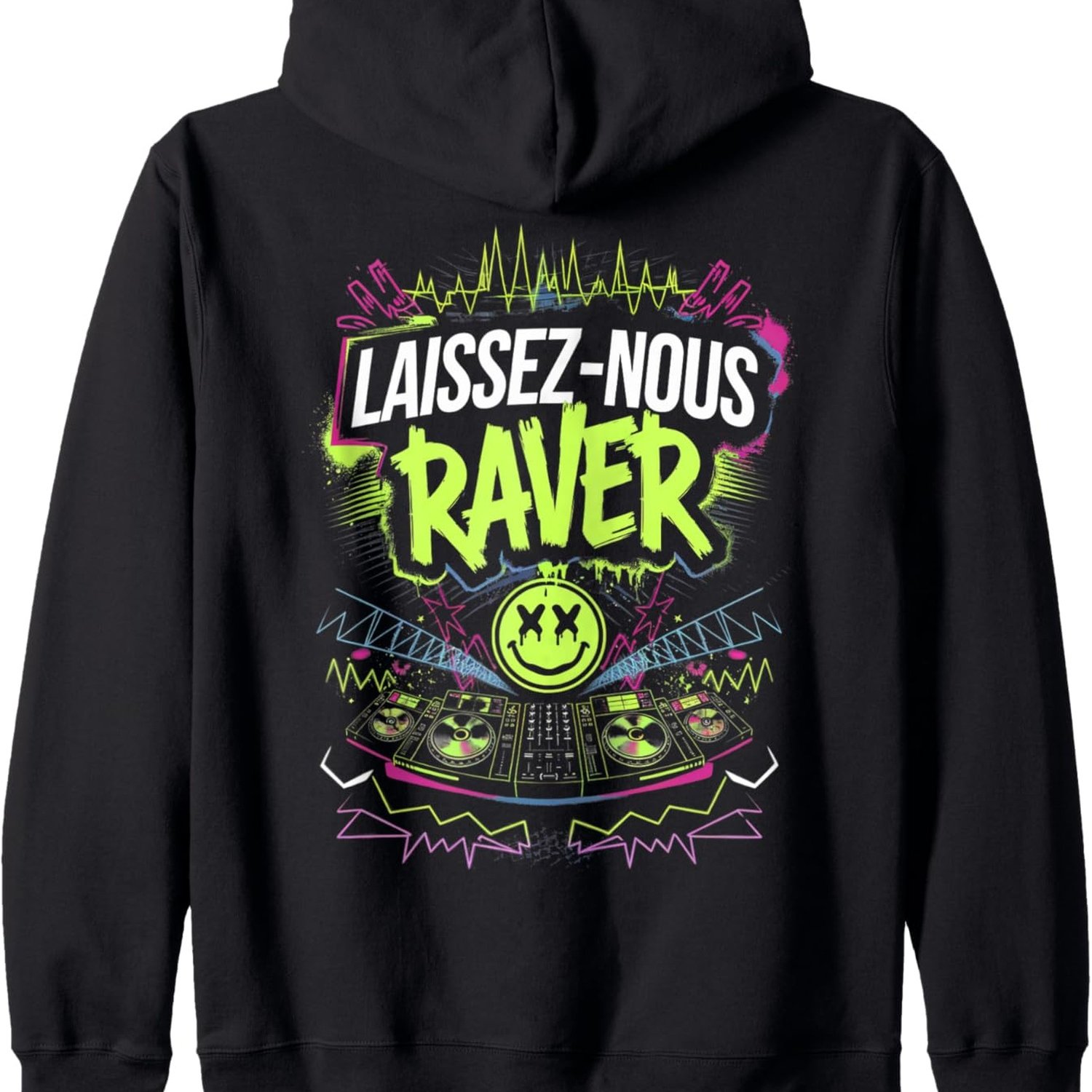 TEMU Sweat à capuche pour hommes - Graphisme LAISEZ- Raver avec platines DJ - Tenue noire pour festival de musique techno - Sweat à capuche en tissu