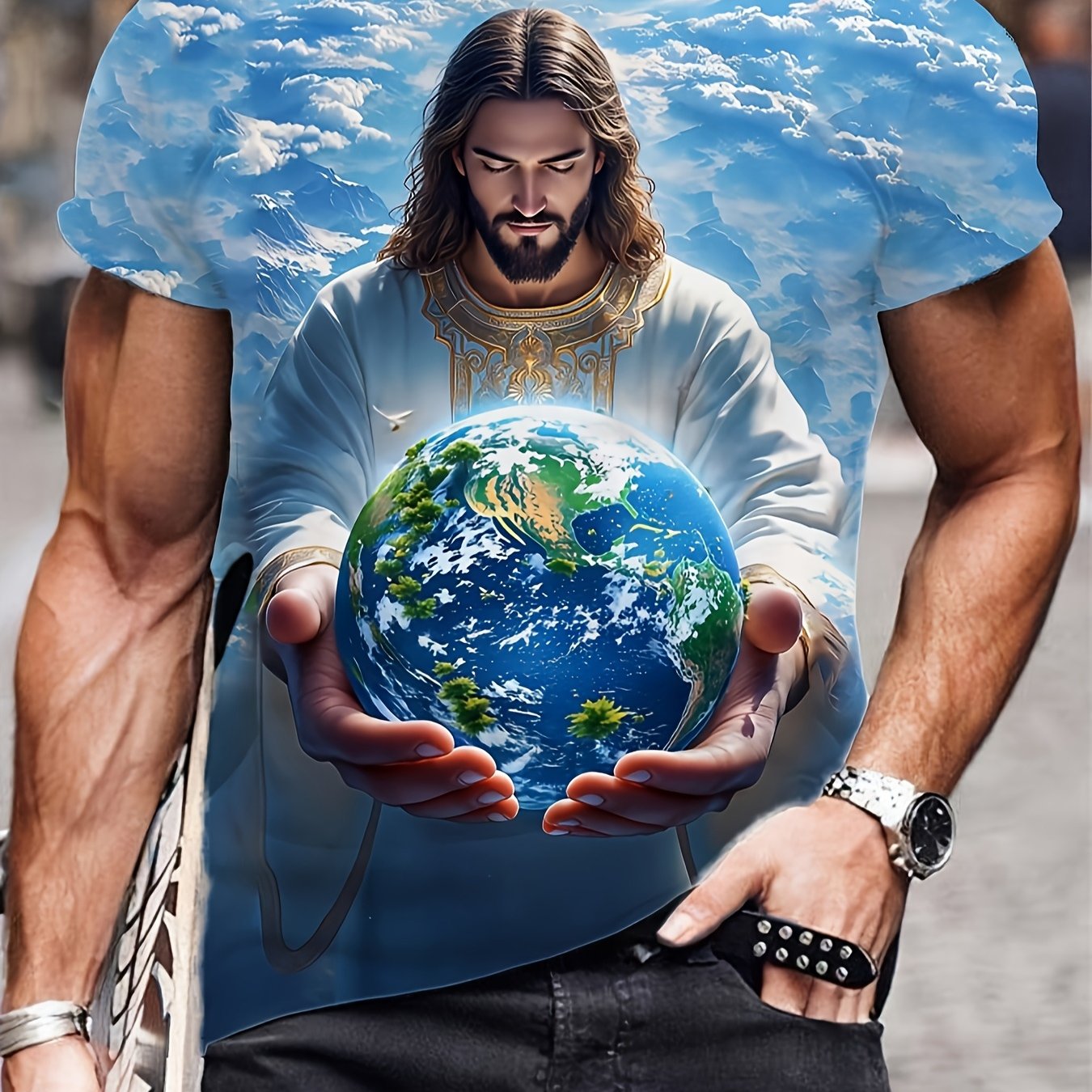TEMU Men's Pattern T-shirt- Soft Breathable Fabric, Machine Washable, Suitable For Church, Casual Outfits- Earth Design, Spiritual Street Style