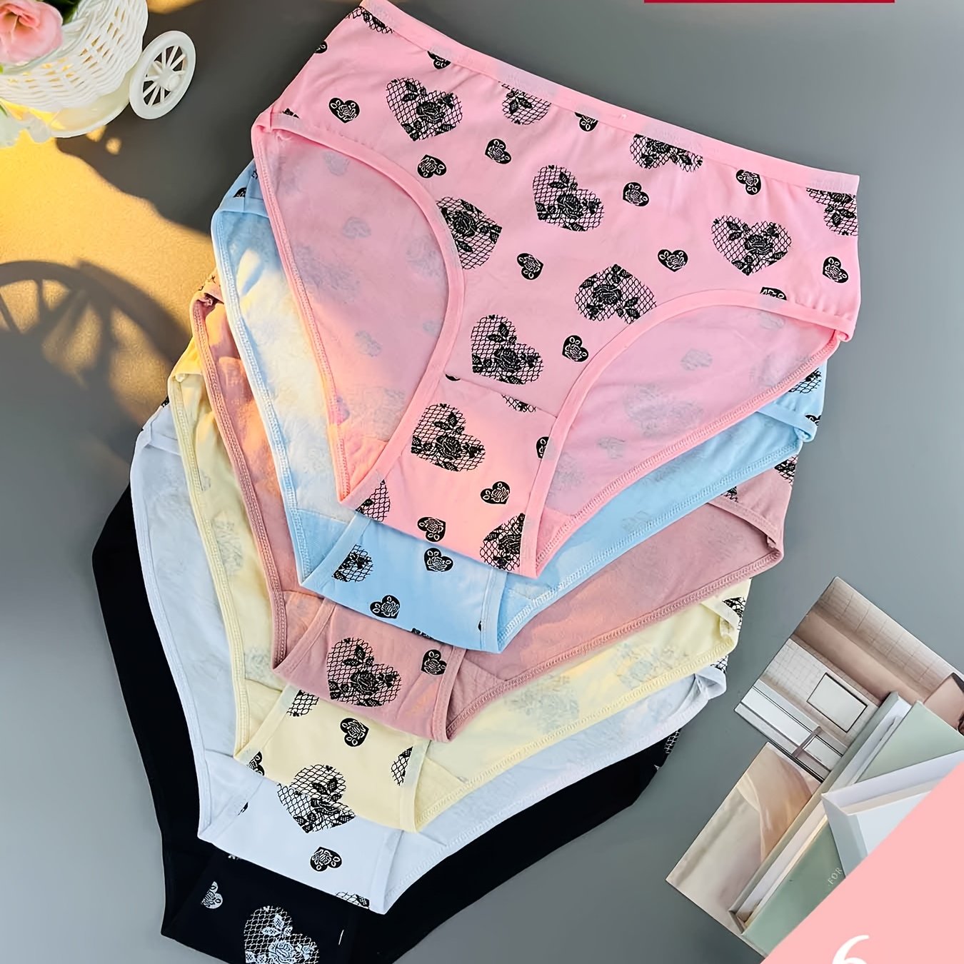 Image of 6pcs [lady Pantys] Plus Size Women's Panties - Comfortable Stretch Briefs With Heart Pattern - Soft & Breathable Everyday Underwear, Sizes , Clothing Gifts (colors Random Delivery)