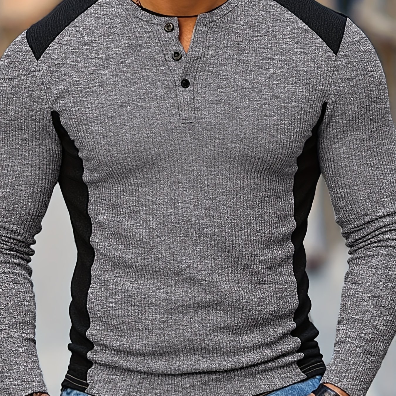 E-shop Herrenmode Herren Oberteil, Herbst Winter Lässiges Geripptes Textur Rundhals Button-Up Langarm Herren Henley Shirt