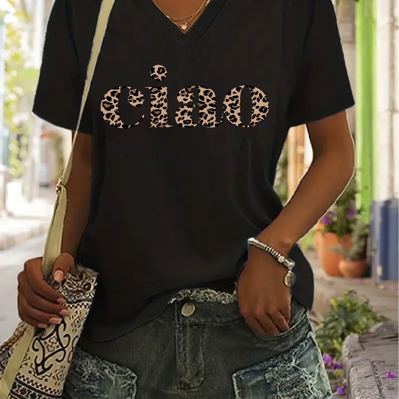 E-shop (006#) Damen Freizeit V-Ausschnitt Kurzarm T-Shirt, Leopardenmuster Buchstaben V-Ausschnitt Kurzarm T-Shirt, Lässiges Trend Top