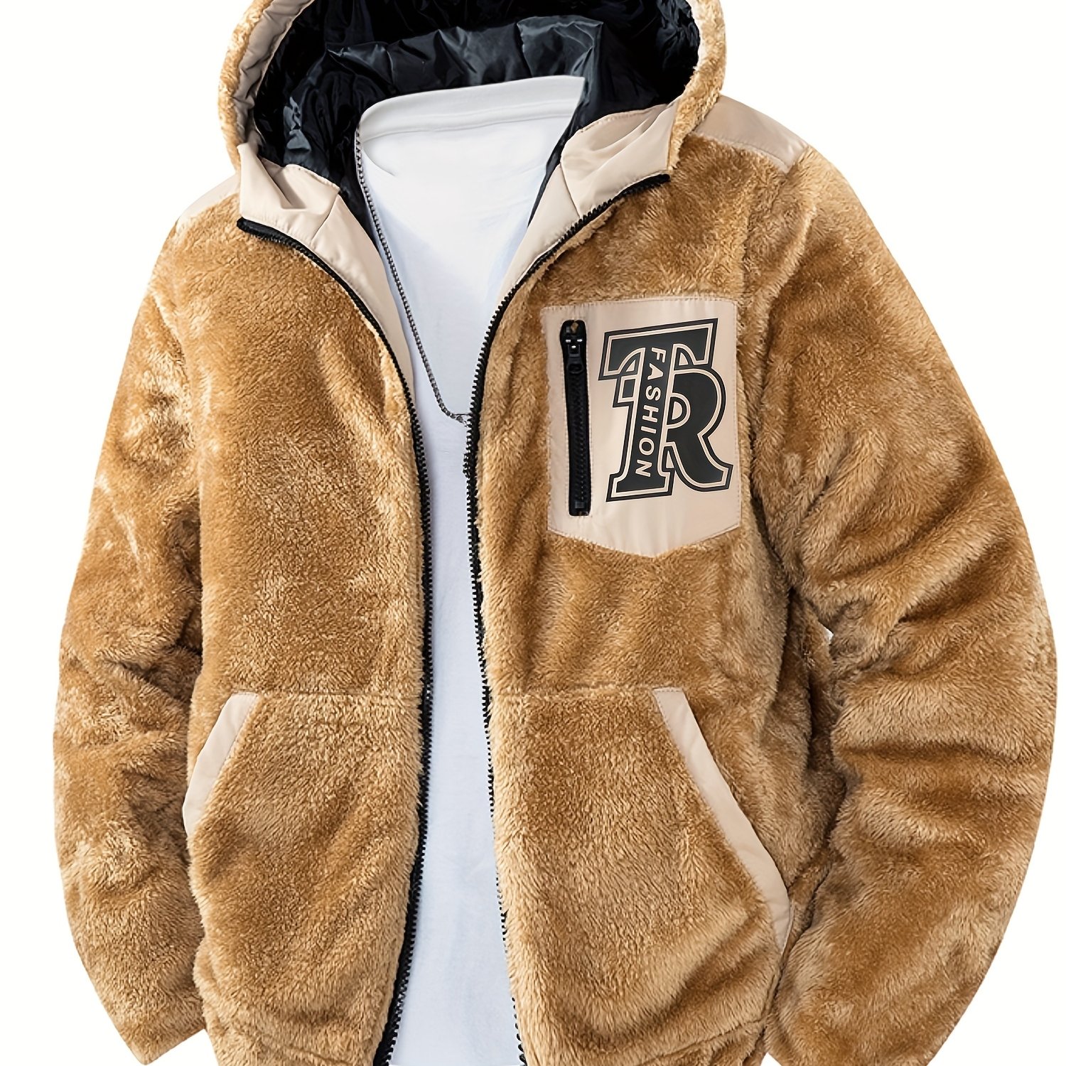 Men's Vintage-style Fleece Hooded Jacket With Tr Print - Cozy, Warm Zip-up With Pockets, Polyester, Machine Washable For