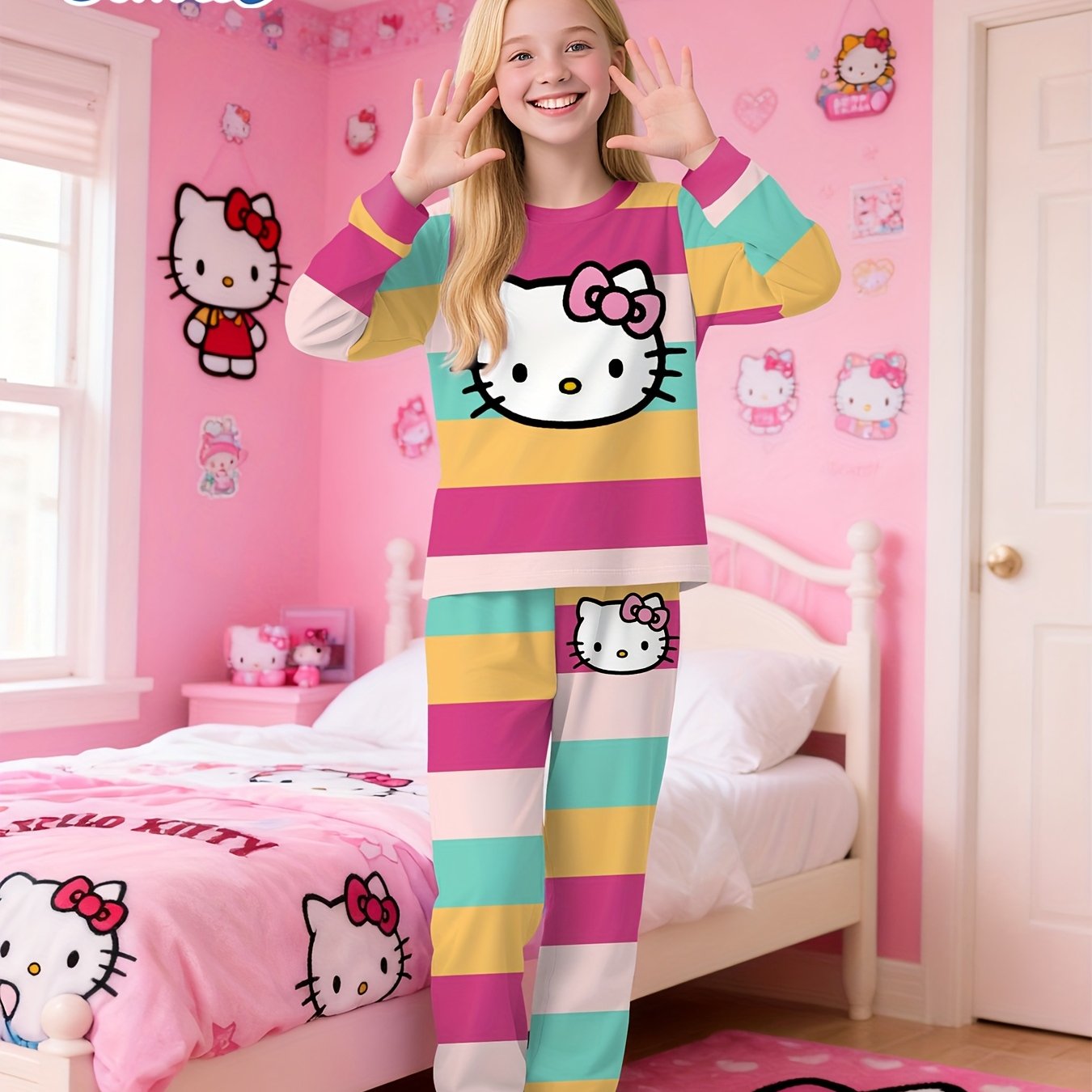 Image of (flame Retardant) Authorized, Girls Hello Kitty Striped Colorful Pajamas Cartoon Long-sleeved Trousers Set, Two-piece Worn Outside