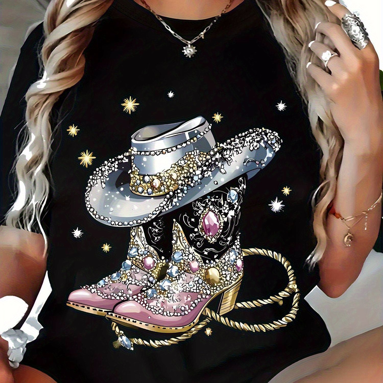 TEMU Plus Size - Plus Size - Casual T-shirt With A Women's Cowboy Boot Design - Soft, Machine Washable, Featuring A Starry Sky Pattern, Round Neck