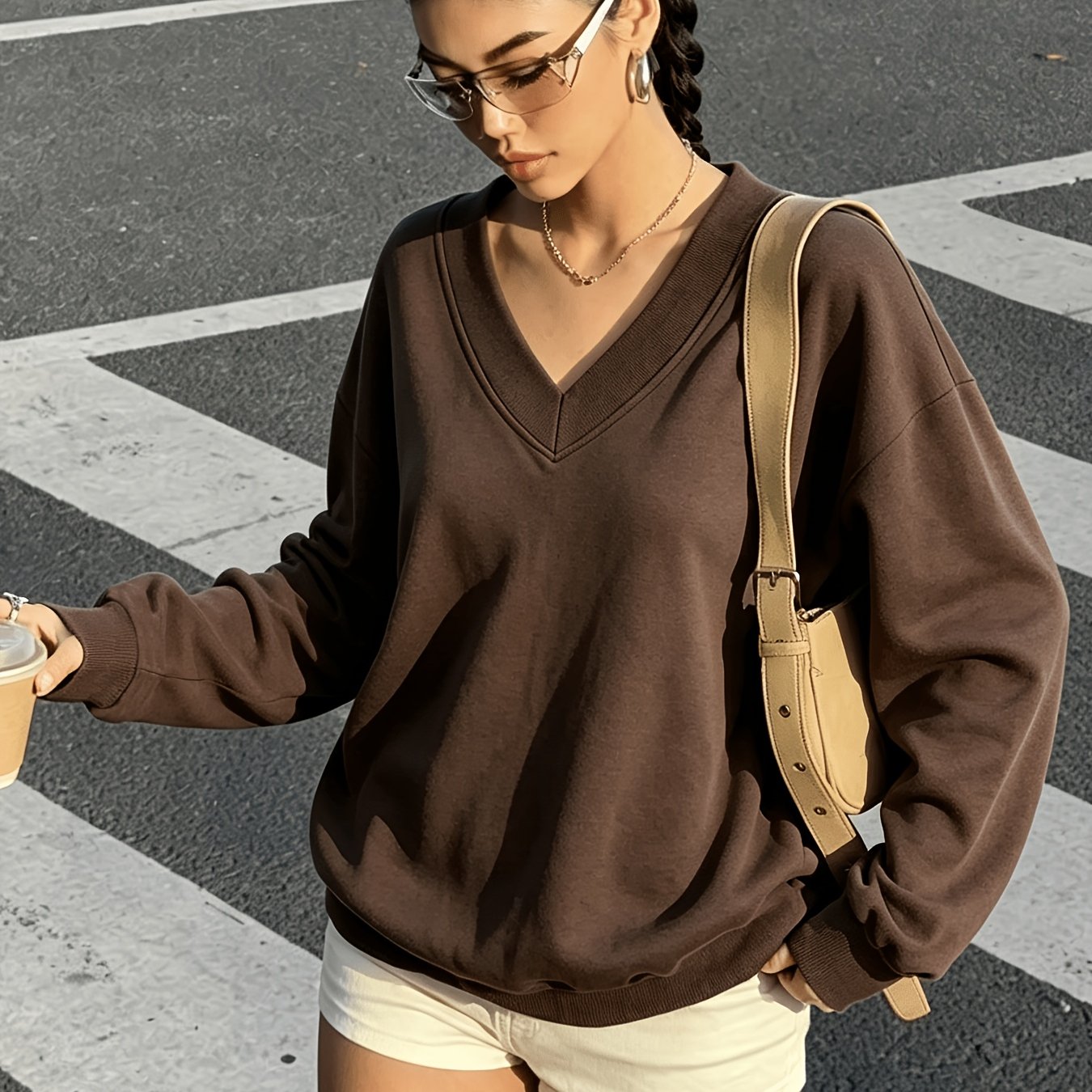 TEMU V-neck Pullover Sweatshirt For Women, Autumn/winter Casual Versatile Elegant Temperament Fashion Long-sleeve Top