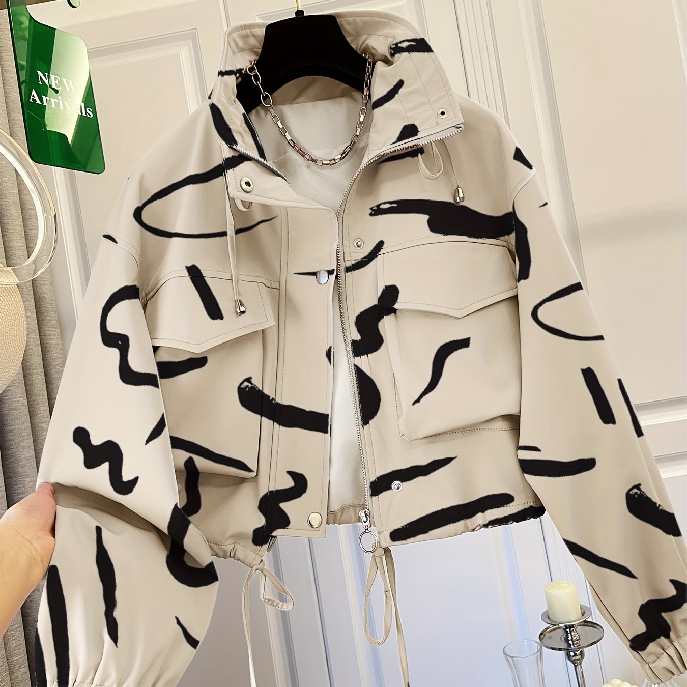 TEMU New Women's Fashion Printed Drawstring Cropped Casual Jacket, Autumn/winter Ladies' Top Outerwear