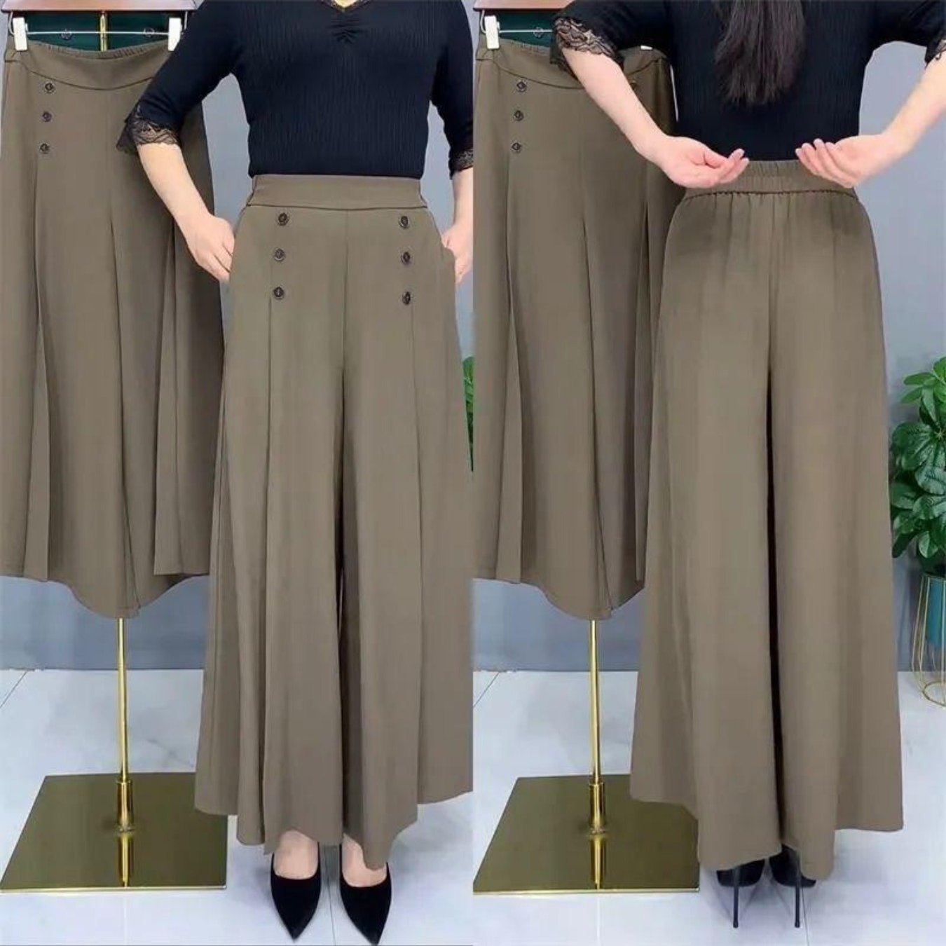 TEMU レディース 軽量ワイドレッグパンツ - ドレープ加工 ルーズストレートカートパンツ 伸縮性 春秋用 洗濯機洗い可 無地 セミル＆カジュアルウェア - 中年ツ