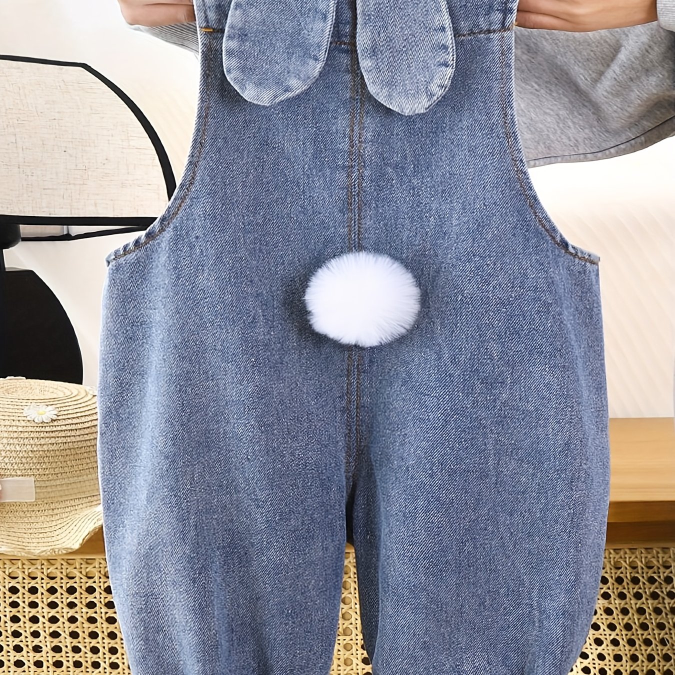 Image of Overalls With Embroidered 3d Rabbit Tail, Cute Fashionable Unisex Baby Casual Rabbit Ear Pants, For Outdoor