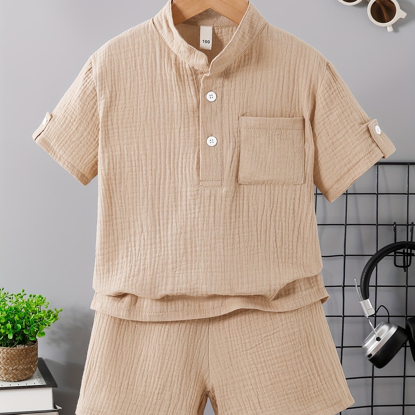 Boys' Summer New Style Set, Solid Color Simple Button-up Half-open Short Sleeve Top, Stylish, Comfortable, And Versatile, With Pants And Fashionable Outdoor Wear Shorts, 2pcs Set, Perfect For Outdoor