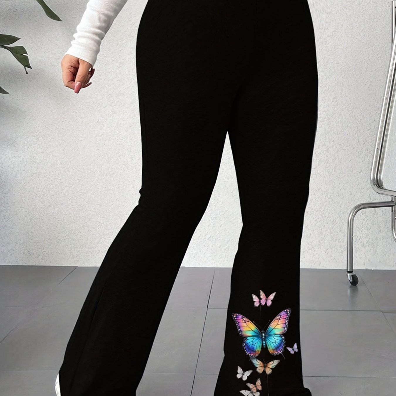TEMU Plus-size New Women's High-waisted Flared Yoga Pants With Colorful Print, Black Stretchy Fabric, Machine Washable, Versatile For Daily Casual