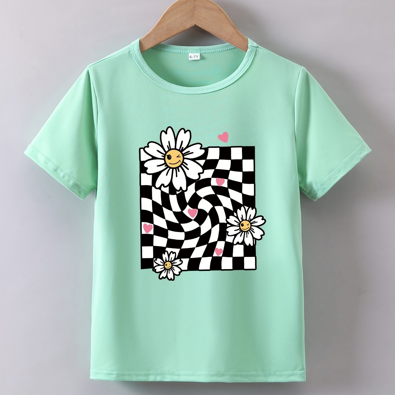 TEMU Girls' Summer Short-sleeve T-shirt With Cartoon Daisy Print, Polyester Spandex , Round Neck -
