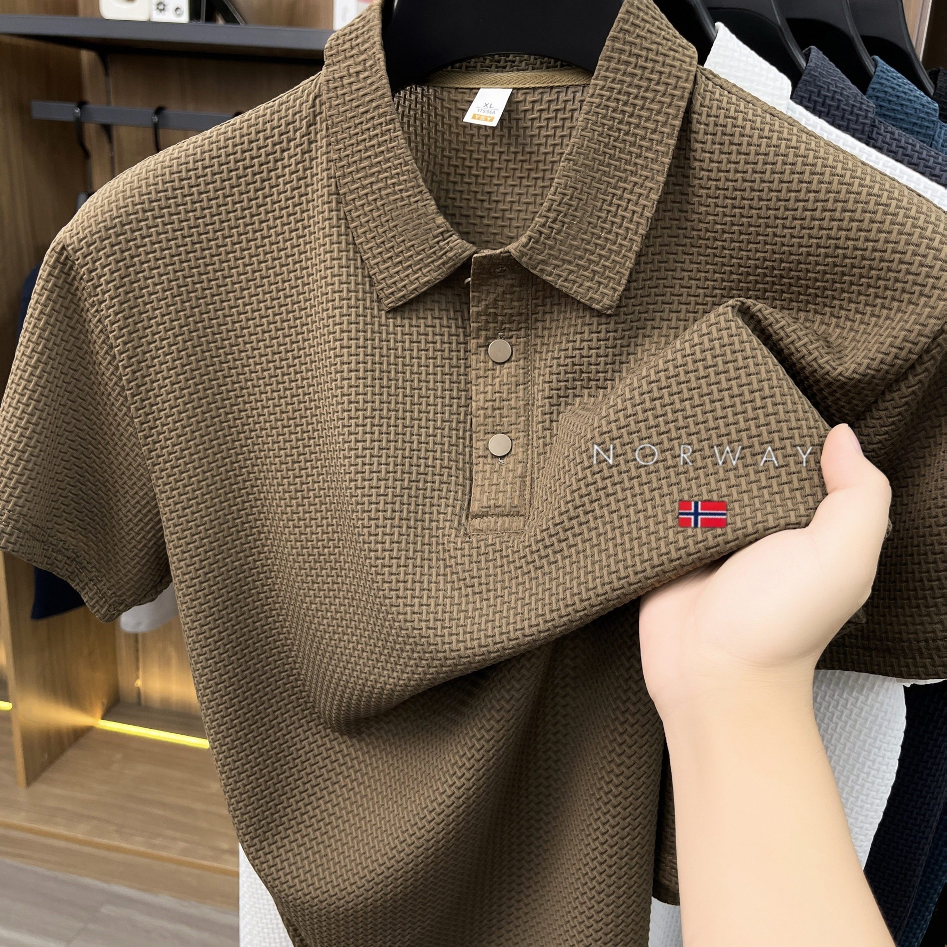 TEMU Men' Sense Bubble Fabric Shirt, Grid Wrinkle Embossed Printed Short Sleeve Top, Multi Functional For Golf Fishing Camping Beach Swimming Collar