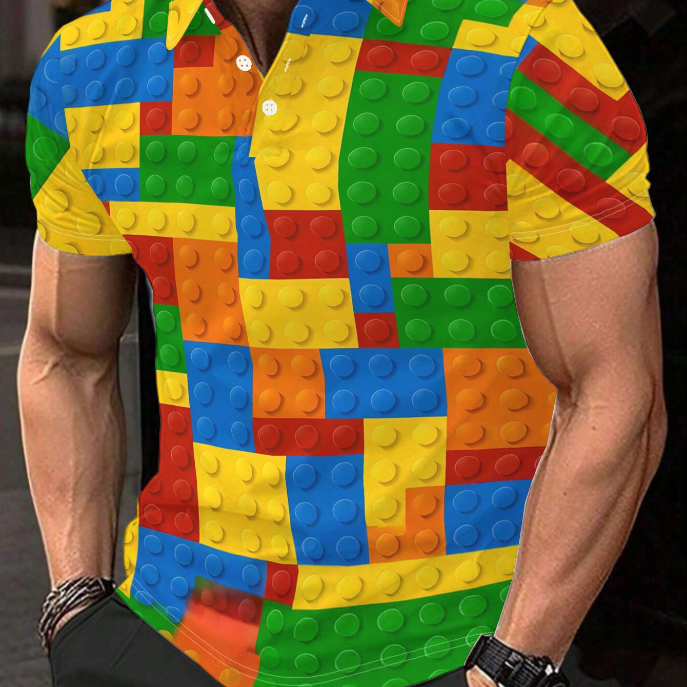 TEMU Men's Short-sleeved Shirt, Flat Digital Printing Pattern - No Textured Building Block Toy Pattern, Fashionable And Easy Short Sleeves, Buttons,